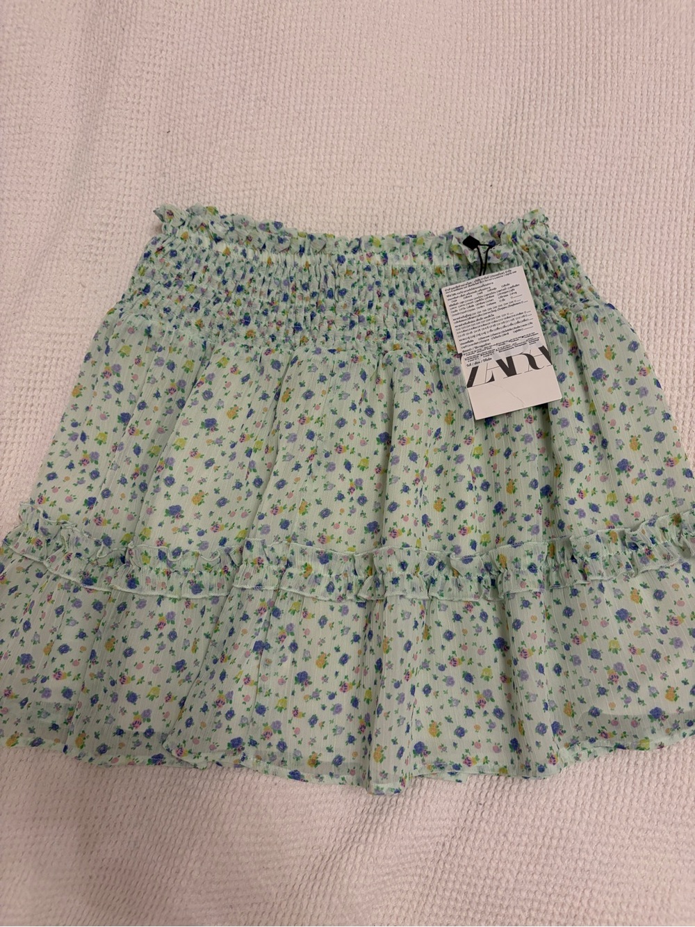Zara Light Mint Floral Smocked Mini Skirt with Ruffle Tiers